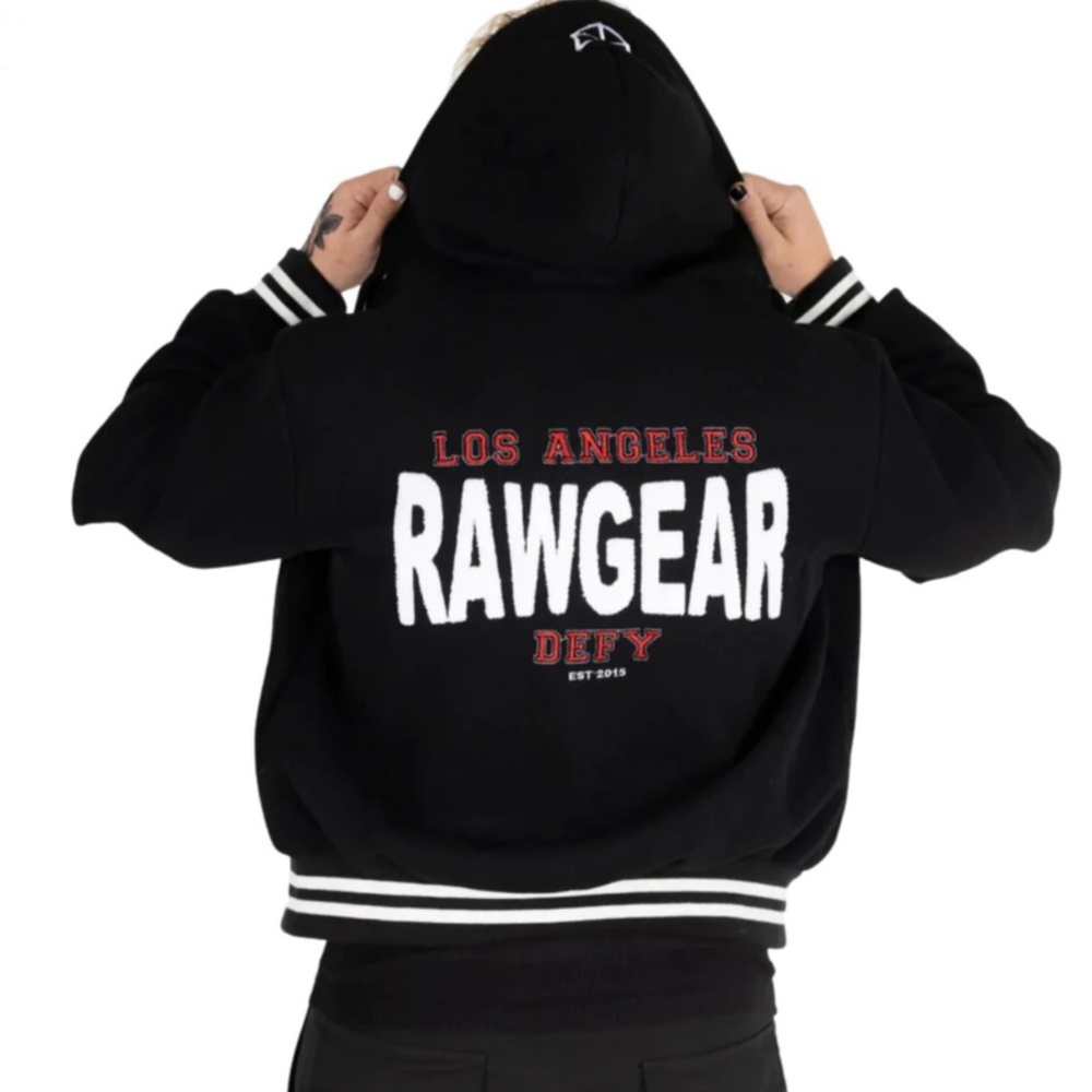 NEW  LA Rawgear Embroidered Letterman Jacket Hoodie Black